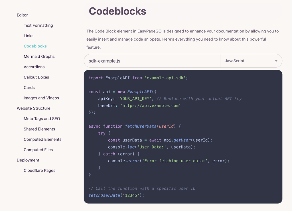 A screenshot of the dashboard representing a codeblock element.